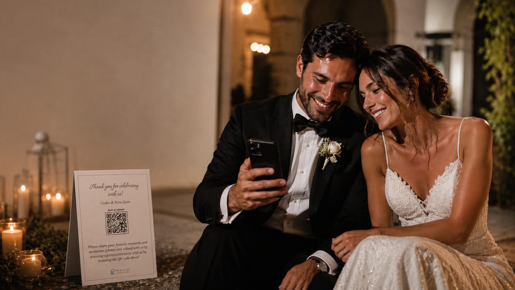 Bride and groom viewing guest-uploaded wedding photos on a phone after the reception