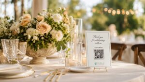 Wedding table with a QR code photo sharing sign as an alternative to disposable cameras