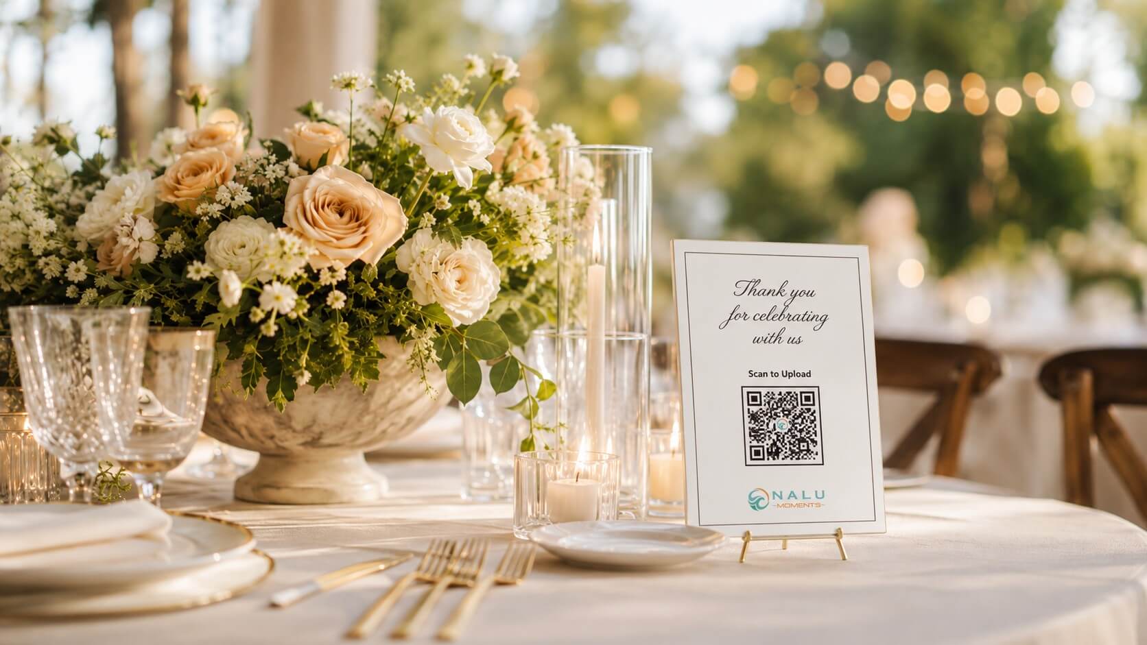 Wedding table with a QR code photo sharing sign as an alternative to disposable cameras