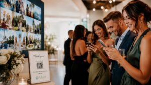 Guests at an event using phones to upload photos and videos to a shared digital gallery