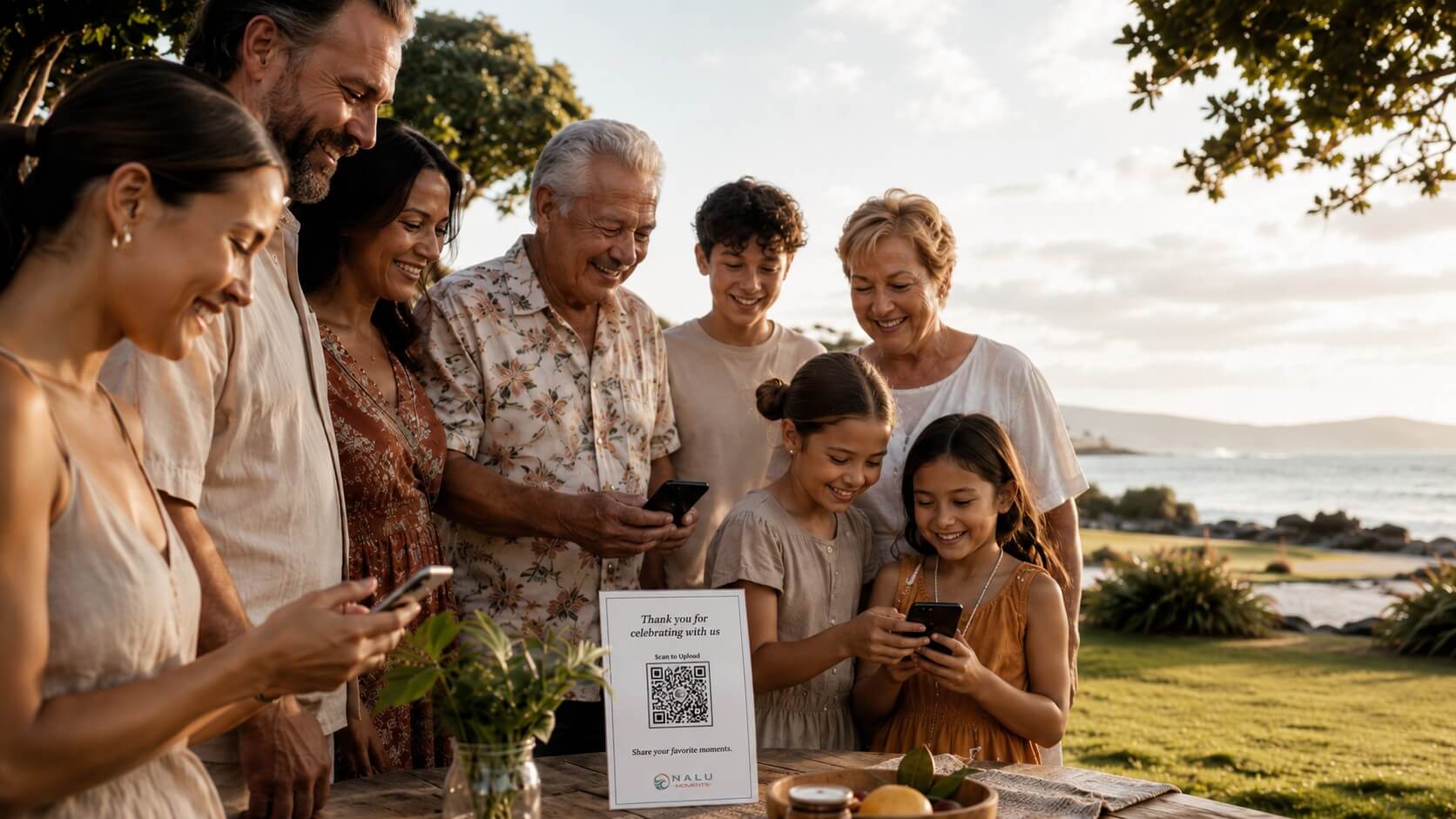 Multi-generational family reunion using a QR code to share photos and videos