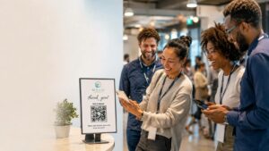 Employees at a team-building event scanning a QR code to upload photos and videos