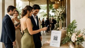 Wedding guests scanning a QR code to upload candid photos and videos for the couple