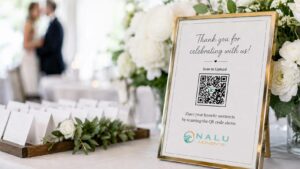 Elegant wedding QR code sign inviting guests to upload photos and videos