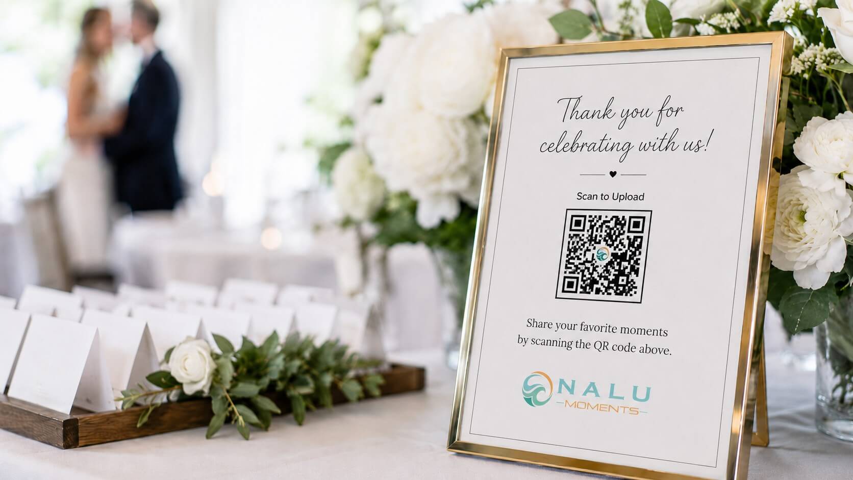 Elegant wedding QR code sign inviting guests to upload photos and videos